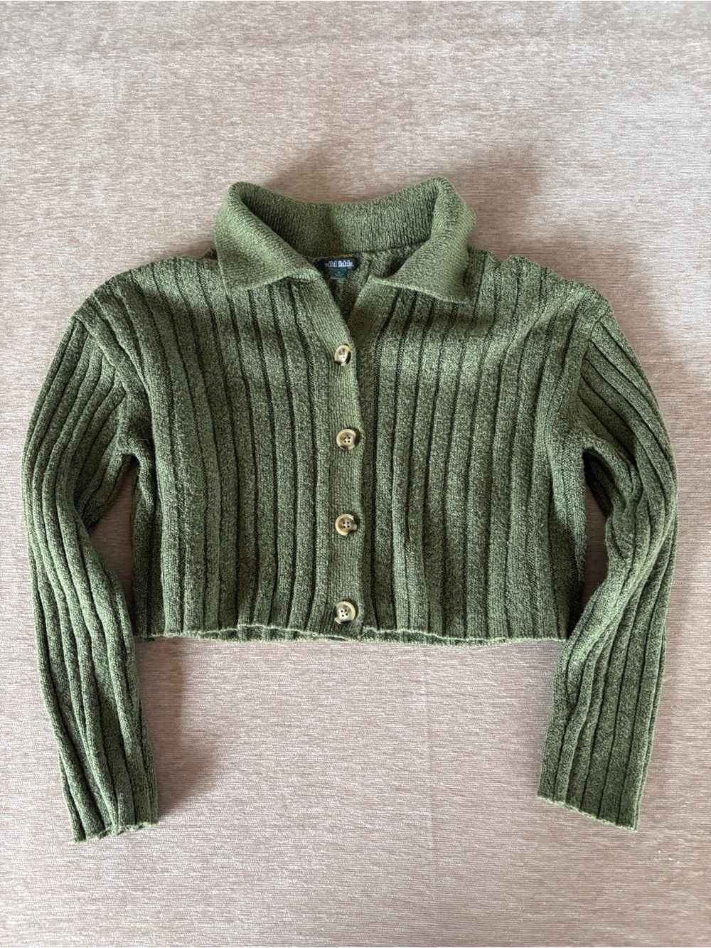 Cottagecore Olive Green Ribbed Button-Front Cropped Cardigan W/ Collar